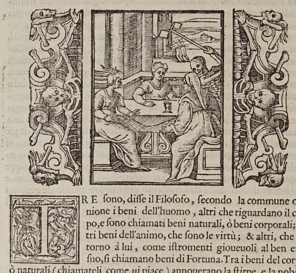 An illustration from Discorsi morali dell'eccellente S. Fabio Glissenti contra il dispiacer del morire, detto athanatophilia : diuisi in cinque dialoghi, occorsi in cinque giornate : ne'quali si discorre quanto ragioneuolmente si dourebbe desiderar la Morte, e come naturalmente la si uada fuggendo : con trenta vaghi, & vtili ragionamenti, come tante piaceuoli nouelle interposti : cauati da gli abusi del presente viuer mondano : et vn molto curioso trattato della pietra de' filosofi : adornati di bellissime figure, a' loro luoghi appropriate, 1596, leaf 570