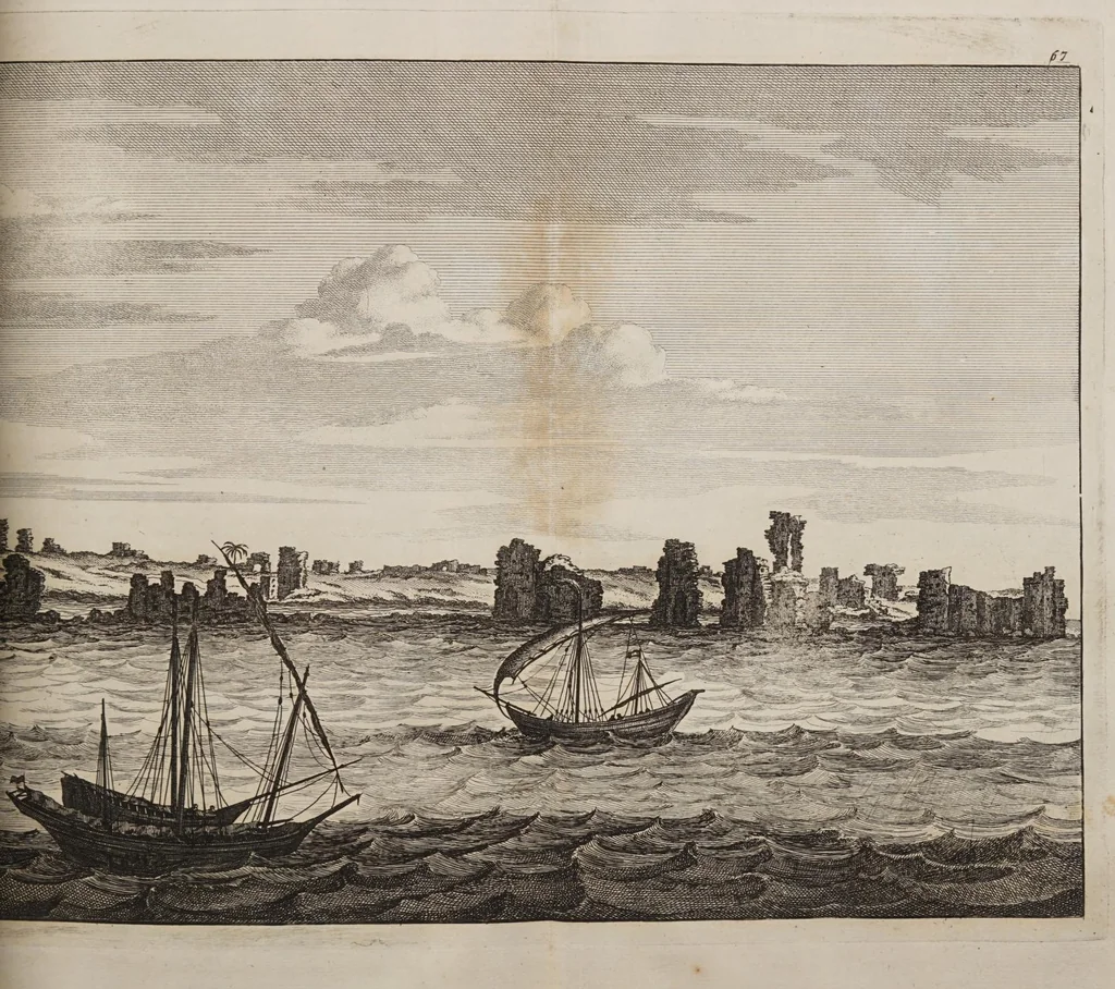 An illustration from Reizen van Cornelis de Bruyn, door de vermaardste deelen van Klein Asia, de eylanden Scio, Rhodus, Cyprus, Metelino, Stanchio, &c. mitsgaders de voornaamste steden van Ægypten, Syrien en Palestina, verrijkt met meer als 200 kopere konstplaaten. Vertoonende de beroemdste landschappen, steden, &c. alles door den autheur selfs na het leven afgetekend, 1698, leaf 313
