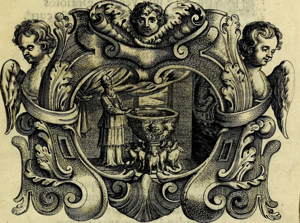 An illustration from Basilica sapientiae septem columnis insistens Reverendissimis, Adm: Reverendis, Religiosis, Praenobilibus, Nobilibus, ac Eruditis DD. AA. LL. & Philosophiae Baccalaureis, cum e literario Philosophici certamnins stadio victores in antiquissimae ac celeberrimae Universitatis Viennensis Theatro Academico primam daphnem largiente R. P. Ioanne Pfleger.., 1651, leaf 12