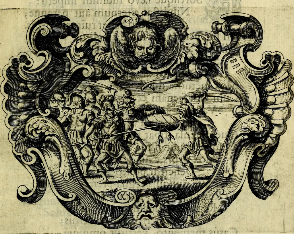 An illustration from Basilica sapientiae septem columnis insistens Reverendissimis, Adm: Reverendis, Religiosis, Praenobilibus, Nobilibus, ac Eruditis DD. AA. LL. & Philosophiae Baccalaureis, cum e literario Philosophici certamnins stadio victores in antiquissimae ac celeberrimae Universitatis Viennensis Theatro Academico primam daphnem largiente R. P. Ioanne Pfleger.., 1651, leaf 20