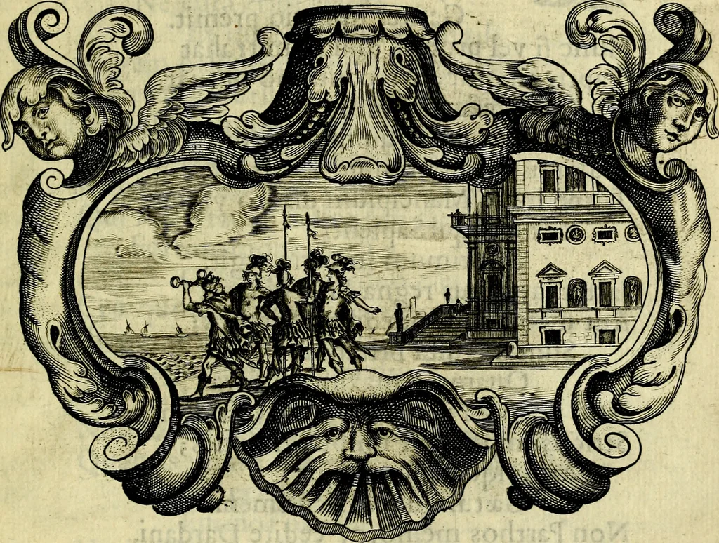 An illustration from Basilica sapientiae septem columnis insistens Reverendissimis, Adm: Reverendis, Religiosis, Praenobilibus, Nobilibus, ac Eruditis DD. AA. LL. & Philosophiae Baccalaureis, cum e literario Philosophici certamnins stadio victores in antiquissimae ac celeberrimae Universitatis Viennensis Theatro Academico primam daphnem largiente R. P. Ioanne Pfleger.., 1651, leaf 28