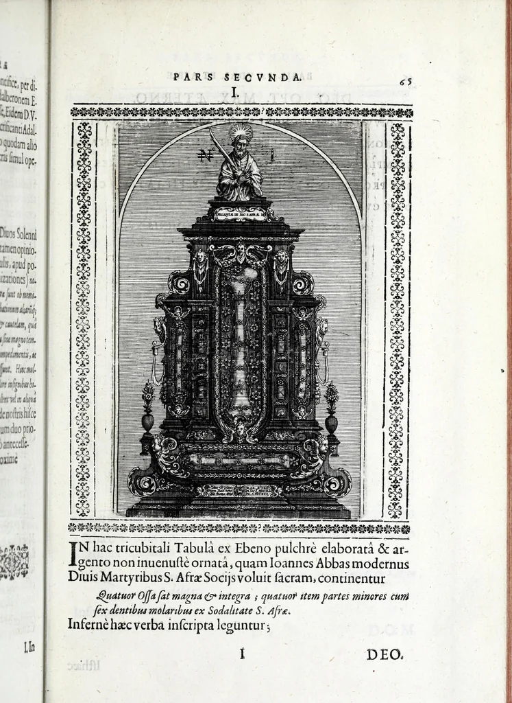 An illustration from Basilica SS. Vdalrici et Afrae Augustae Vindelicorum : historice descripta atque aeneis figuris illustrata : cum breui chronico eiusdem ab anno C. 46 vsque ad nostra tempora, 1627, leaf 103