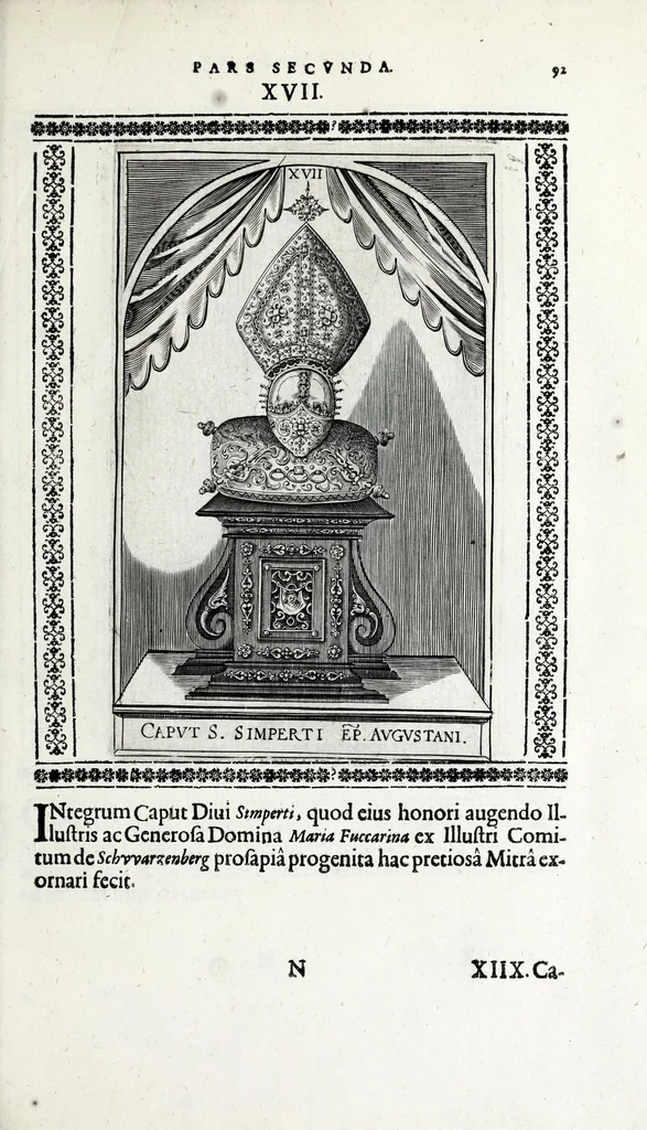 An illustration from Basilica SS. Vdalrici et Afrae Augustae Vindelicorum : historice descripta atque aeneis figuris illustrata : cum breui chronico eiusdem ab anno C. 46 vsque ad nostra tempora, 1627, leaf 135