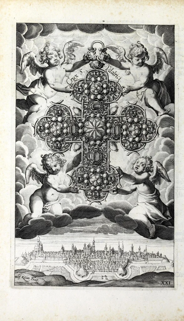 An illustration from Basilica SS. Vdalrici et Afrae Augustae Vindelicorum : historice descripta atque aeneis figuris illustrata : cum breui chronico eiusdem ab anno C. 46 vsque ad nostra tempora, 1627, leaf 144