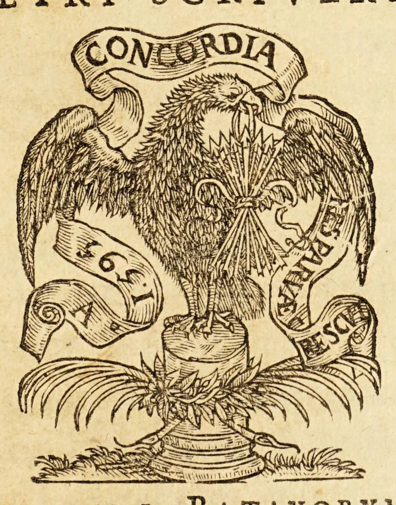 An illustration from Batavia illustrata, seu De Batavorum insula, Hollandia, Zelandia, Frisia, territorio Traiectensi et Gelria, : scriptores varij notae melioris, nunc primùm collecti, simulqúe editi., 1609, leaf 5
