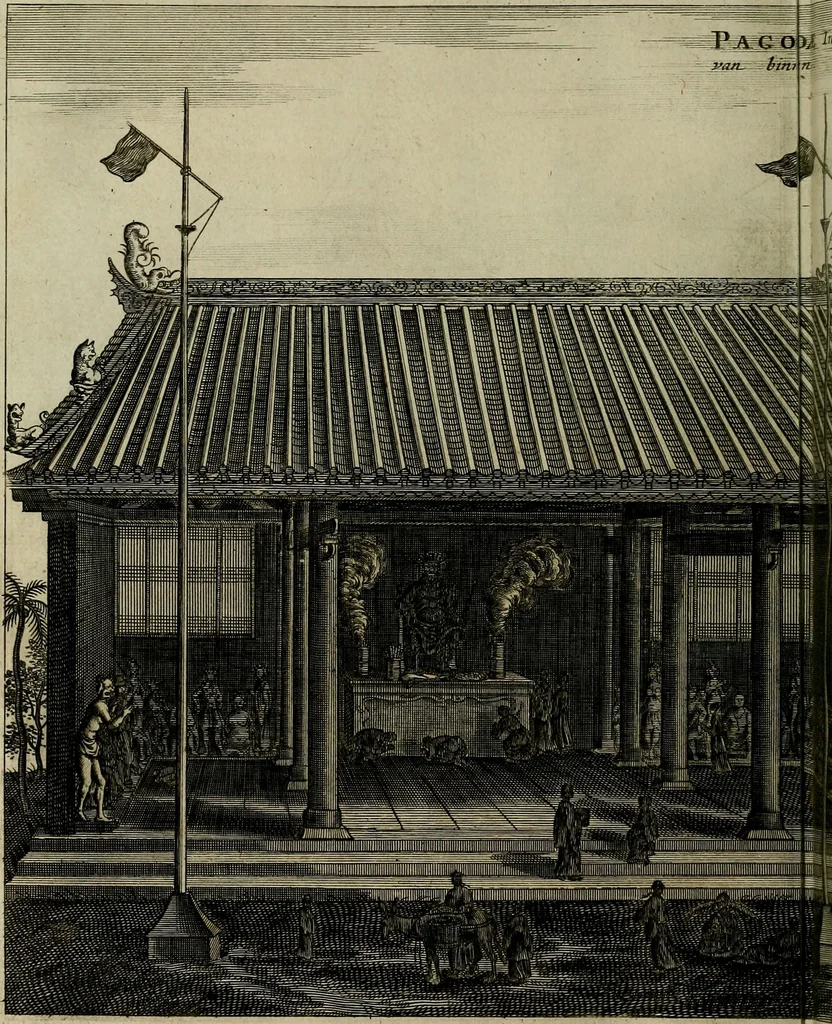 An illustration from Legatio Batavica ad magnum Tartariae chamum Sungteium, modernum Sinae imperatorem : historiarum narratione, quae legatis in provinciis Quantung, Kiangsi, Nanking, Xantung, Peking, & aula imperatoriâ ab anno 1655 ad annum 1657 obtigerunt, ut & ardua Sinensium in bello Tartarico fortunâ, provinciarum accurata geographia, urbium delineatione, nec non artis & naturae miraculis ex animalium, vegetabilium, mineralium genere per centum & quinquaginta aeneas figuras passim illustrata & conscripta vernacule, 1668, leaf 103