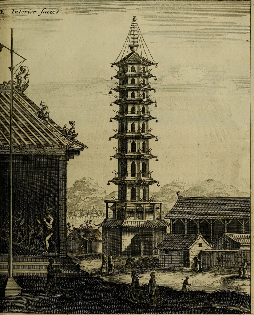 An illustration from Legatio Batavica ad magnum Tartariae chamum Sungteium, modernum Sinae imperatorem : historiarum narratione, quae legatis in provinciis Quantung, Kiangsi, Nanking, Xantung, Peking, & aula imperatoriâ ab anno 1655 ad annum 1657 obtigerunt, ut & ardua Sinensium in bello Tartarico fortunâ, provinciarum accurata geographia, urbium delineatione, nec non artis & naturae miraculis ex animalium, vegetabilium, mineralium genere per centum & quinquaginta aeneas figuras passim illustrata & conscripta vernacule, 1668, leaf 104