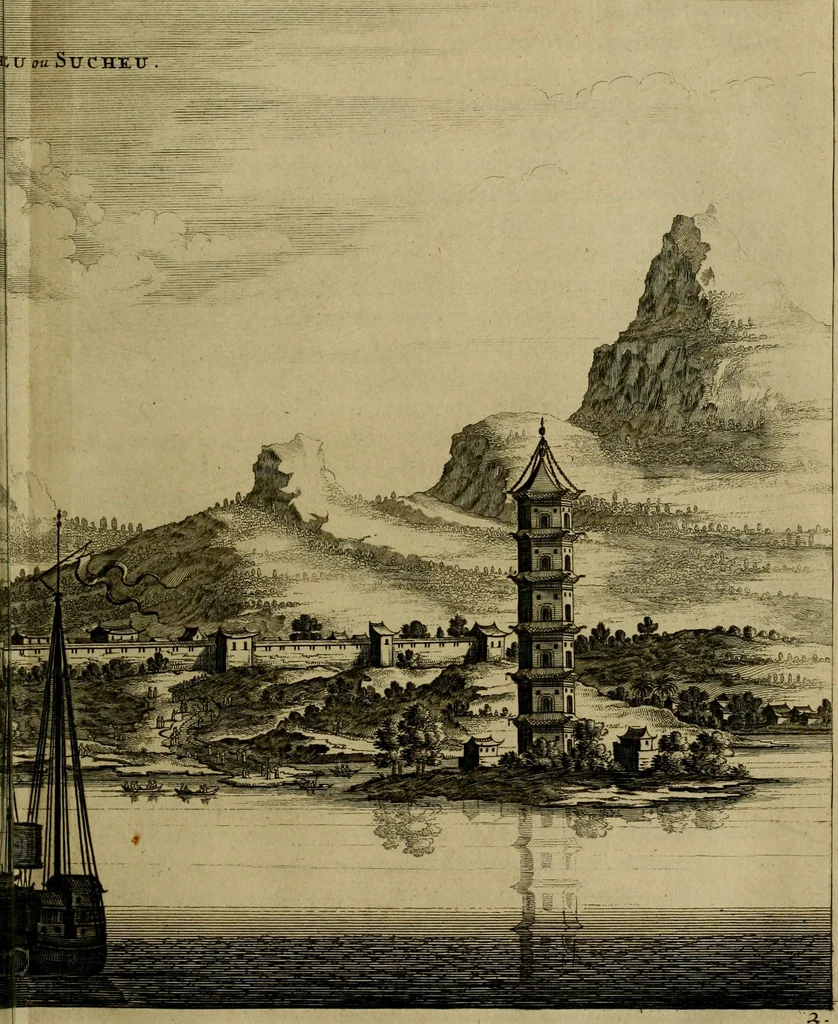 An illustration from Legatio Batavica ad magnum Tartariae chamum Sungteium, modernum Sinae imperatorem : historiarum narratione, quae legatis in provinciis Quantung, Kiangsi, Nanking, Xantung, Peking, & aula imperatoriâ ab anno 1655 ad annum 1657 obtigerunt, ut & ardua Sinensium in bello Tartarico fortunâ, provinciarum accurata geographia, urbium delineatione, nec non artis & naturae miraculis ex animalium, vegetabilium, mineralium genere per centum & quinquaginta aeneas figuras passim illustrata & conscripta vernacule, 1668, leaf 110
