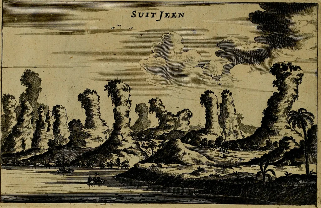 An illustration from Legatio Batavica ad magnum Tartariae chamum Sungteium, modernum Sinae imperatorem : historiarum narratione, quae legatis in provinciis Quantung, Kiangsi, Nanking, Xantung, Peking, & aula imperatoriâ ab anno 1655 ad annum 1657 obtigerunt, ut & ardua Sinensium in bello Tartarico fortunâ, provinciarum accurata geographia, urbium delineatione, nec non artis & naturae miraculis ex animalium, vegetabilium, mineralium genere per centum & quinquaginta aeneas figuras passim illustrata & conscripta vernacule, 1668, leaf 115