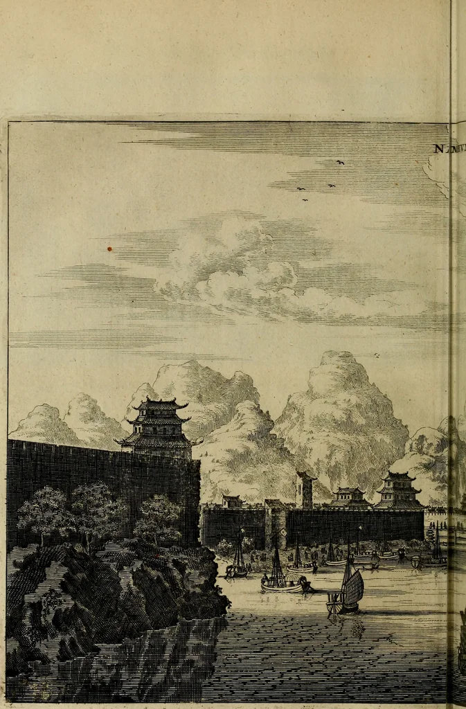 An illustration from Legatio Batavica ad magnum Tartariae chamum Sungteium, modernum Sinae imperatorem : historiarum narratione, quae legatis in provinciis Quantung, Kiangsi, Nanking, Xantung, Peking, & aula imperatoriâ ab anno 1655 ad annum 1657 obtigerunt, ut & ardua Sinensium in bello Tartarico fortunâ, provinciarum accurata geographia, urbium delineatione, nec non artis & naturae miraculis ex animalium, vegetabilium, mineralium genere per centum & quinquaginta aeneas figuras passim illustrata & conscripta vernacule, 1668, leaf 117