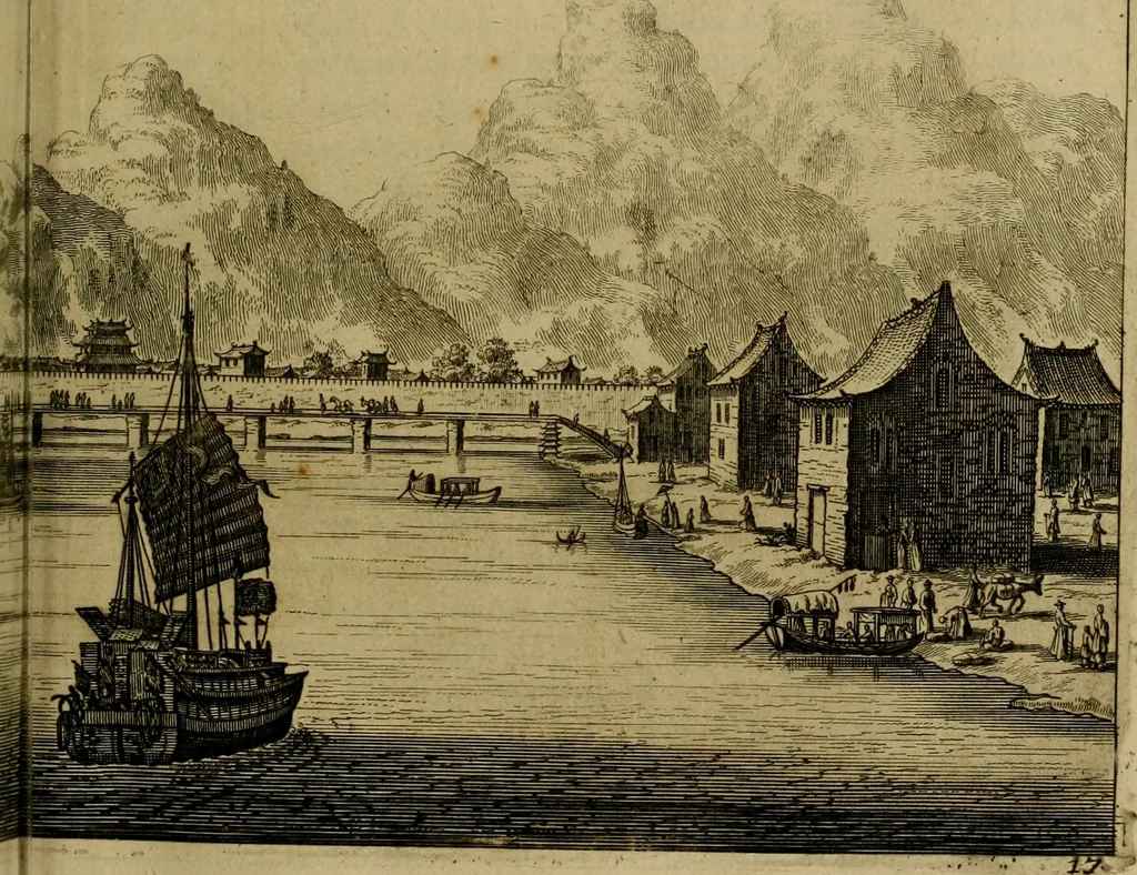 An illustration from Legatio Batavica ad magnum Tartariae chamum Sungteium, modernum Sinae imperatorem : historiarum narratione, quae legatis in provinciis Quantung, Kiangsi, Nanking, Xantung, Peking, & aula imperatoriâ ab anno 1655 ad annum 1657 obtigerunt, ut & ardua Sinensium in bello Tartarico fortunâ, provinciarum accurata geographia, urbium delineatione, nec non artis & naturae miraculis ex animalium, vegetabilium, mineralium genere per centum & quinquaginta aeneas figuras passim illustrata & conscripta vernacule, 1668, leaf 118