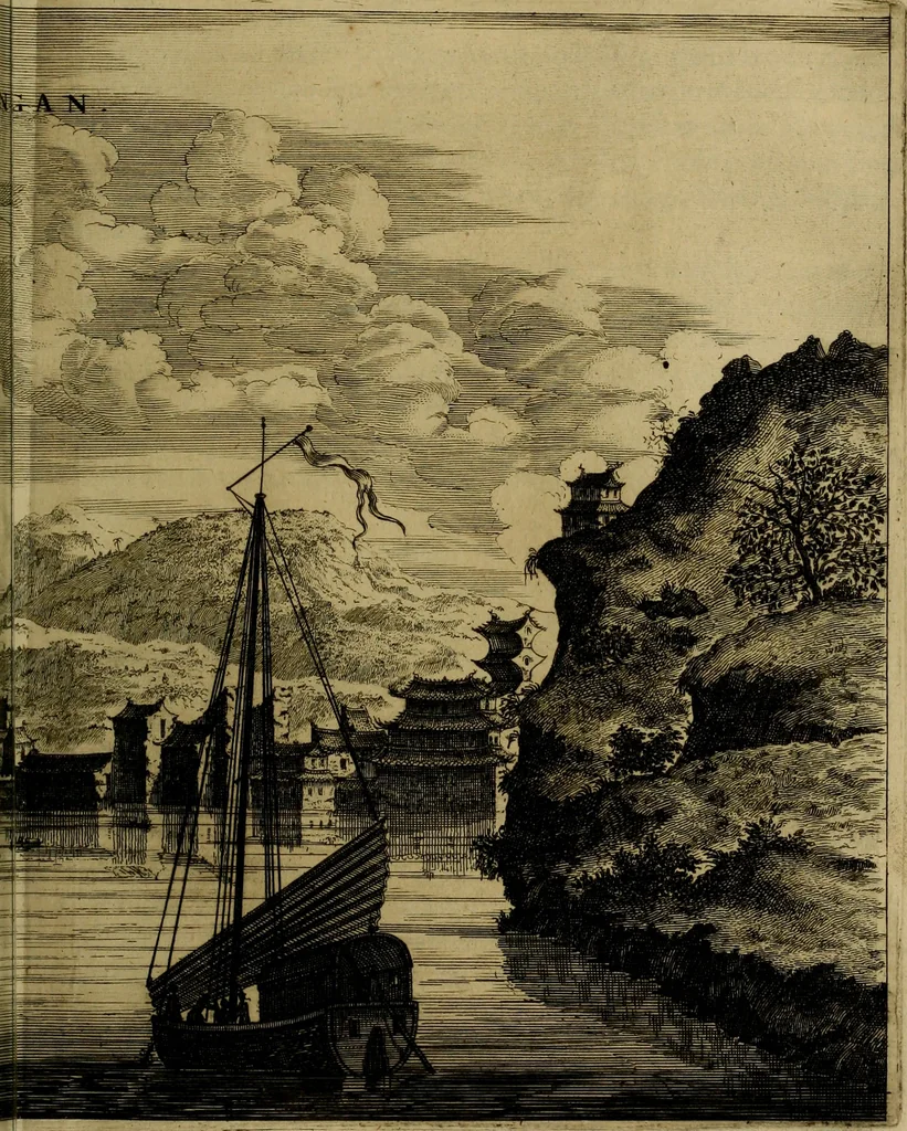 An illustration from Legatio Batavica ad magnum Tartariae chamum Sungteium, modernum Sinae imperatorem : historiarum narratione, quae legatis in provinciis Quantung, Kiangsi, Nanking, Xantung, Peking, & aula imperatoriâ ab anno 1655 ad annum 1657 obtigerunt, ut & ardua Sinensium in bello Tartarico fortunâ, provinciarum accurata geographia, urbium delineatione, nec non artis & naturae miraculis ex animalium, vegetabilium, mineralium genere per centum & quinquaginta aeneas figuras passim illustrata & conscripta vernacule, 1668, leaf 124
