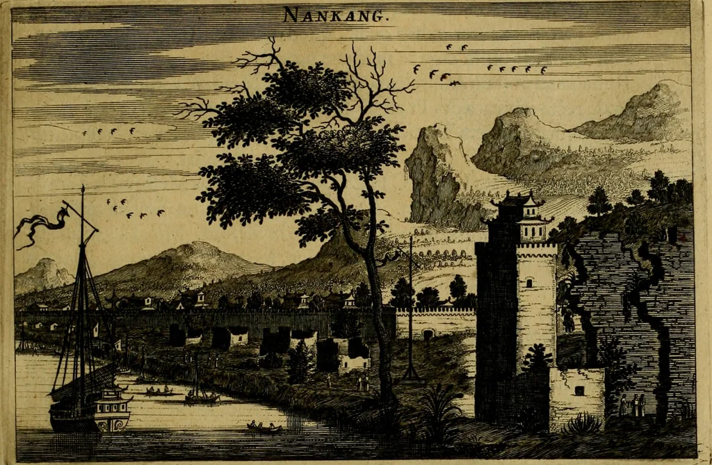 An illustration from Legatio Batavica ad magnum Tartariae chamum Sungteium, modernum Sinae imperatorem : historiarum narratione, quae legatis in provinciis Quantung, Kiangsi, Nanking, Xantung, Peking, & aula imperatoriâ ab anno 1655 ad annum 1657 obtigerunt, ut & ardua Sinensium in bello Tartarico fortunâ, provinciarum accurata geographia, urbium delineatione, nec non artis & naturae miraculis ex animalium, vegetabilium, mineralium genere per centum & quinquaginta aeneas figuras passim illustrata & conscripta vernacule, 1668, leaf 128