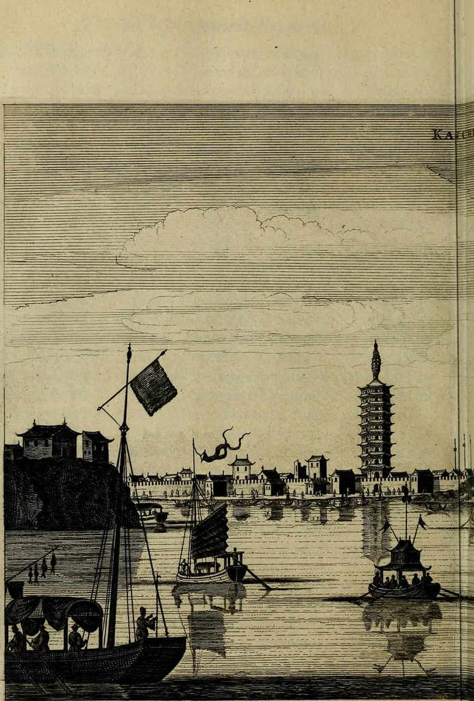 An illustration from Legatio Batavica ad magnum Tartariae chamum Sungteium, modernum Sinae imperatorem : historiarum narratione, quae legatis in provinciis Quantung, Kiangsi, Nanking, Xantung, Peking, & aula imperatoriâ ab anno 1655 ad annum 1657 obtigerunt, ut & ardua Sinensium in bello Tartarico fortunâ, provinciarum accurata geographia, urbium delineatione, nec non artis & naturae miraculis ex animalium, vegetabilium, mineralium genere per centum & quinquaginta aeneas figuras passim illustrata & conscripta vernacule, 1668, leaf 131