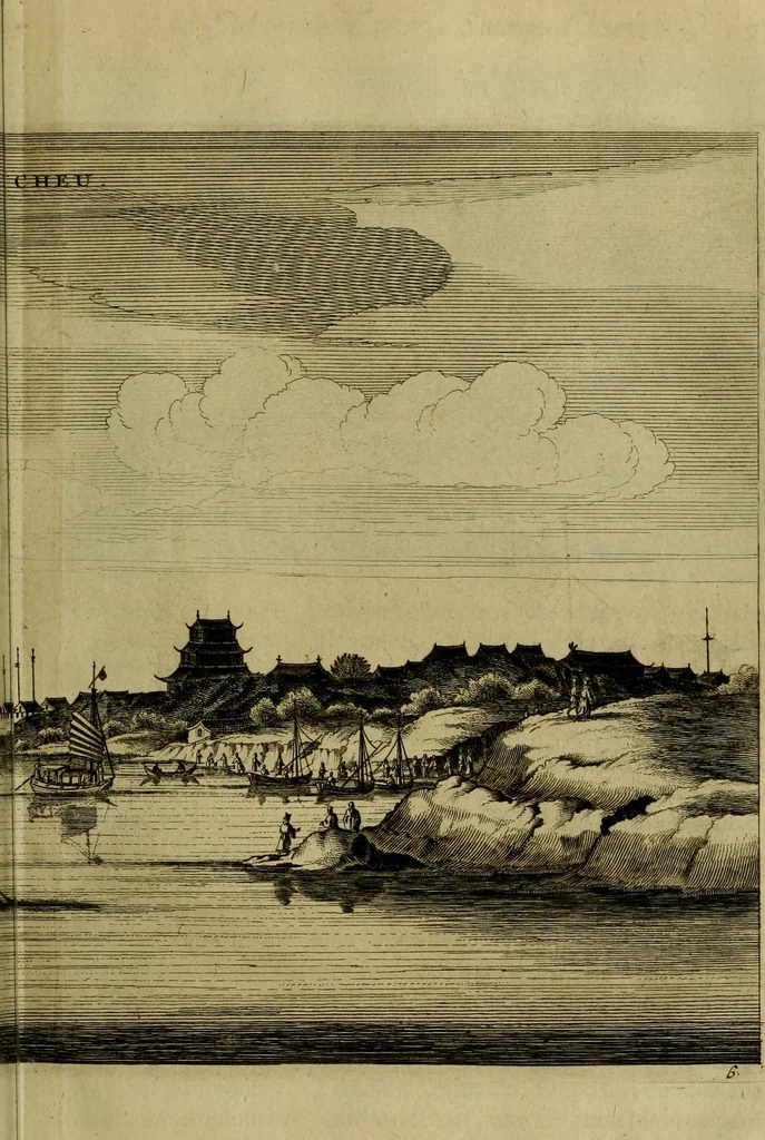 An illustration from Legatio Batavica ad magnum Tartariae chamum Sungteium, modernum Sinae imperatorem : historiarum narratione, quae legatis in provinciis Quantung, Kiangsi, Nanking, Xantung, Peking, & aula imperatoriâ ab anno 1655 ad annum 1657 obtigerunt, ut & ardua Sinensium in bello Tartarico fortunâ, provinciarum accurata geographia, urbium delineatione, nec non artis & naturae miraculis ex animalium, vegetabilium, mineralium genere per centum & quinquaginta aeneas figuras passim illustrata & conscripta vernacule, 1668, leaf 132