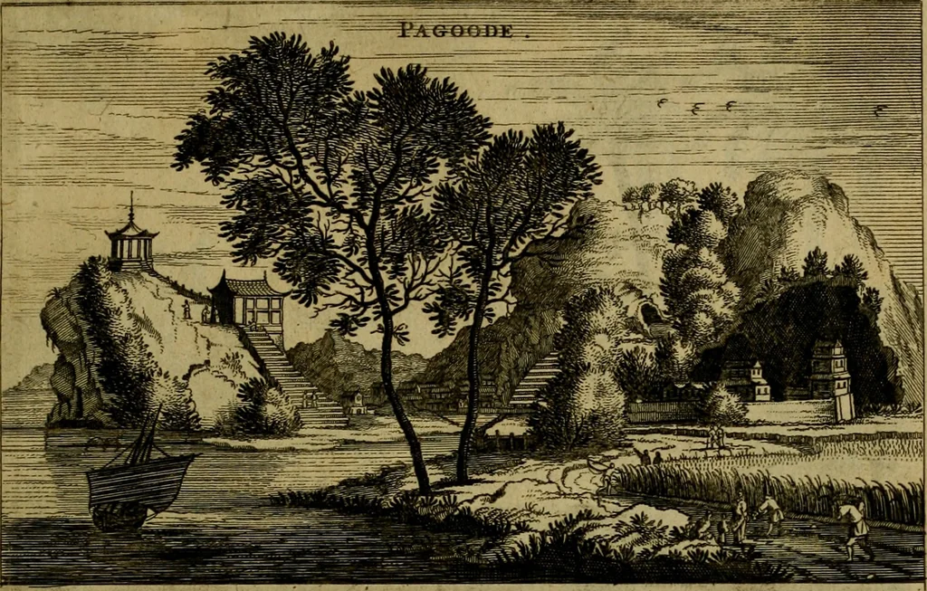 An illustration from Legatio Batavica ad magnum Tartariae chamum Sungteium, modernum Sinae imperatorem : historiarum narratione, quae legatis in provinciis Quantung, Kiangsi, Nanking, Xantung, Peking, & aula imperatoriâ ab anno 1655 ad annum 1657 obtigerunt, ut & ardua Sinensium in bello Tartarico fortunâ, provinciarum accurata geographia, urbium delineatione, nec non artis & naturae miraculis ex animalium, vegetabilium, mineralium genere per centum & quinquaginta aeneas figuras passim illustrata & conscripta vernacule, 1668, leaf 134