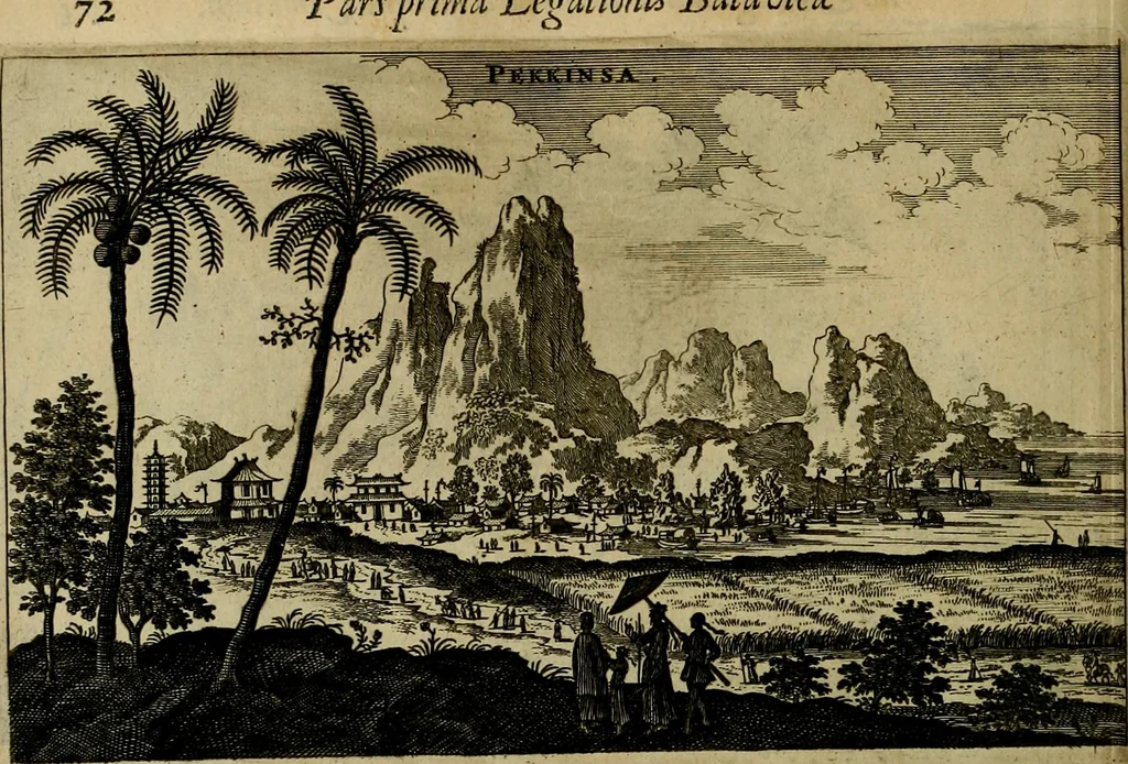 An illustration from Legatio Batavica ad magnum Tartariae chamum Sungteium, modernum Sinae imperatorem : historiarum narratione, quae legatis in provinciis Quantung, Kiangsi, Nanking, Xantung, Peking, & aula imperatoriâ ab anno 1655 ad annum 1657 obtigerunt, ut & ardua Sinensium in bello Tartarico fortunâ, provinciarum accurata geographia, urbium delineatione, nec non artis & naturae miraculis ex animalium, vegetabilium, mineralium genere per centum & quinquaginta aeneas figuras passim illustrata & conscripta vernacule, 1668, leaf 135