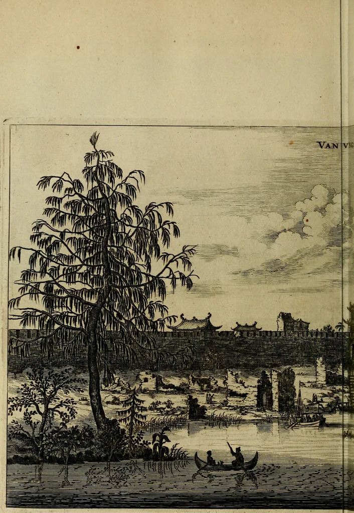 An illustration from Legatio Batavica ad magnum Tartariae chamum Sungteium, modernum Sinae imperatorem : historiarum narratione, quae legatis in provinciis Quantung, Kiangsi, Nanking, Xantung, Peking, & aula imperatoriâ ab anno 1655 ad annum 1657 obtigerunt, ut & ardua Sinensium in bello Tartarico fortunâ, provinciarum accurata geographia, urbium delineatione, nec non artis & naturae miraculis ex animalium, vegetabilium, mineralium genere per centum & quinquaginta aeneas figuras passim illustrata & conscripta vernacule, 1668, leaf 137