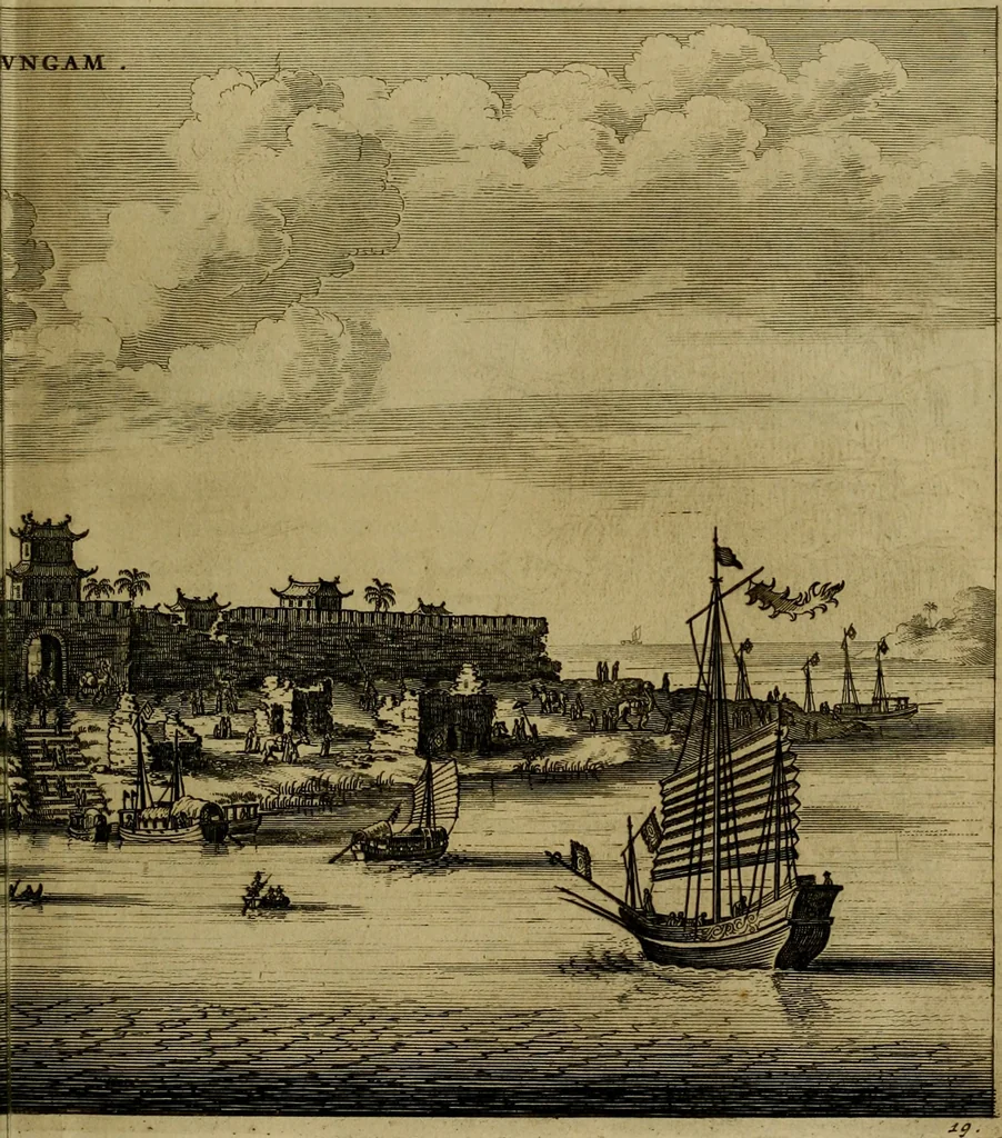 An illustration from Legatio Batavica ad magnum Tartariae chamum Sungteium, modernum Sinae imperatorem : historiarum narratione, quae legatis in provinciis Quantung, Kiangsi, Nanking, Xantung, Peking, & aula imperatoriâ ab anno 1655 ad annum 1657 obtigerunt, ut & ardua Sinensium in bello Tartarico fortunâ, provinciarum accurata geographia, urbium delineatione, nec non artis & naturae miraculis ex animalium, vegetabilium, mineralium genere per centum & quinquaginta aeneas figuras passim illustrata & conscripta vernacule, 1668, leaf 138
