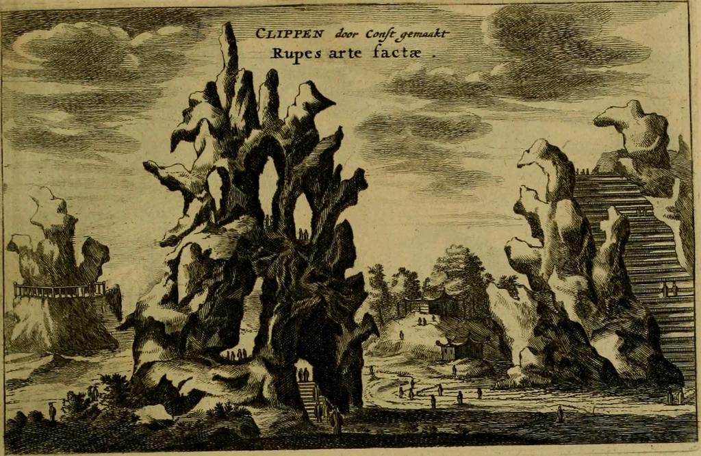 An illustration from Legatio Batavica ad magnum Tartariae chamum Sungteium, modernum Sinae imperatorem : historiarum narratione, quae legatis in provinciis Quantung, Kiangsi, Nanking, Xantung, Peking, & aula imperatoriâ ab anno 1655 ad annum 1657 obtigerunt, ut & ardua Sinensium in bello Tartarico fortunâ, provinciarum accurata geographia, urbium delineatione, nec non artis & naturae miraculis ex animalium, vegetabilium, mineralium genere per centum & quinquaginta aeneas figuras passim illustrata & conscripta vernacule, 1668, leaf 140
