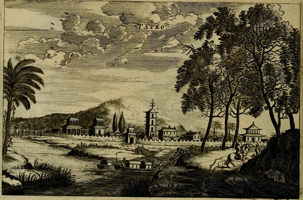 An illustration from Legatio Batavica ad magnum Tartariae chamum Sungteium, modernum Sinae imperatorem : historiarum narratione, quae legatis in provinciis Quantung, Kiangsi, Nanking, Xantung, Peking, & aula imperatoriâ ab anno 1655 ad annum 1657 obtigerunt, ut & ardua Sinensium in bello Tartarico fortunâ, provinciarum accurata geographia, urbium delineatione, nec non artis & naturae miraculis ex animalium, vegetabilium, mineralium genere per centum & quinquaginta aeneas figuras passim illustrata & conscripta vernacule, 1668, leaf 141