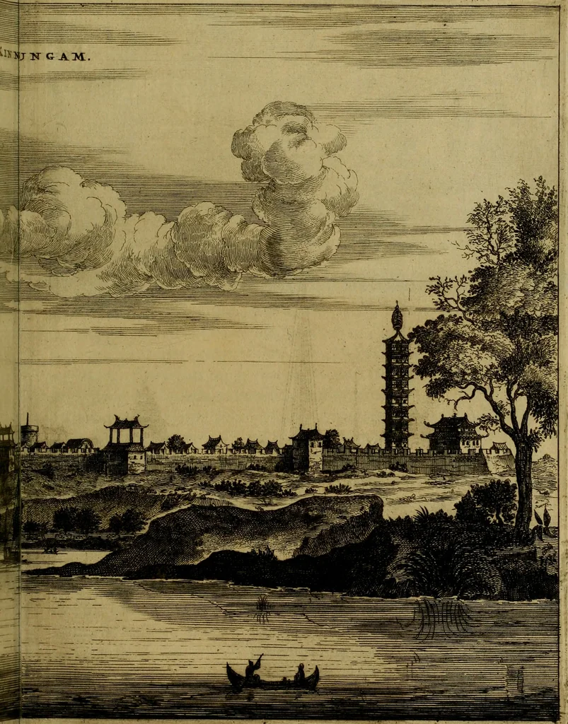 An illustration from Legatio Batavica ad magnum Tartariae chamum Sungteium, modernum Sinae imperatorem : historiarum narratione, quae legatis in provinciis Quantung, Kiangsi, Nanking, Xantung, Peking, & aula imperatoriâ ab anno 1655 ad annum 1657 obtigerunt, ut & ardua Sinensium in bello Tartarico fortunâ, provinciarum accurata geographia, urbium delineatione, nec non artis & naturae miraculis ex animalium, vegetabilium, mineralium genere per centum & quinquaginta aeneas figuras passim illustrata & conscripta vernacule, 1668, leaf 144