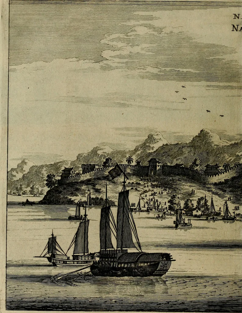 An illustration from Legatio Batavica ad magnum Tartariae chamum Sungteium, modernum Sinae imperatorem : historiarum narratione, quae legatis in provinciis Quantung, Kiangsi, Nanking, Xantung, Peking, & aula imperatoriâ ab anno 1655 ad annum 1657 obtigerunt, ut & ardua Sinensium in bello Tartarico fortunâ, provinciarum accurata geographia, urbium delineatione, nec non artis & naturae miraculis ex animalium, vegetabilium, mineralium genere per centum & quinquaginta aeneas figuras passim illustrata & conscripta vernacule, 1668, leaf 157