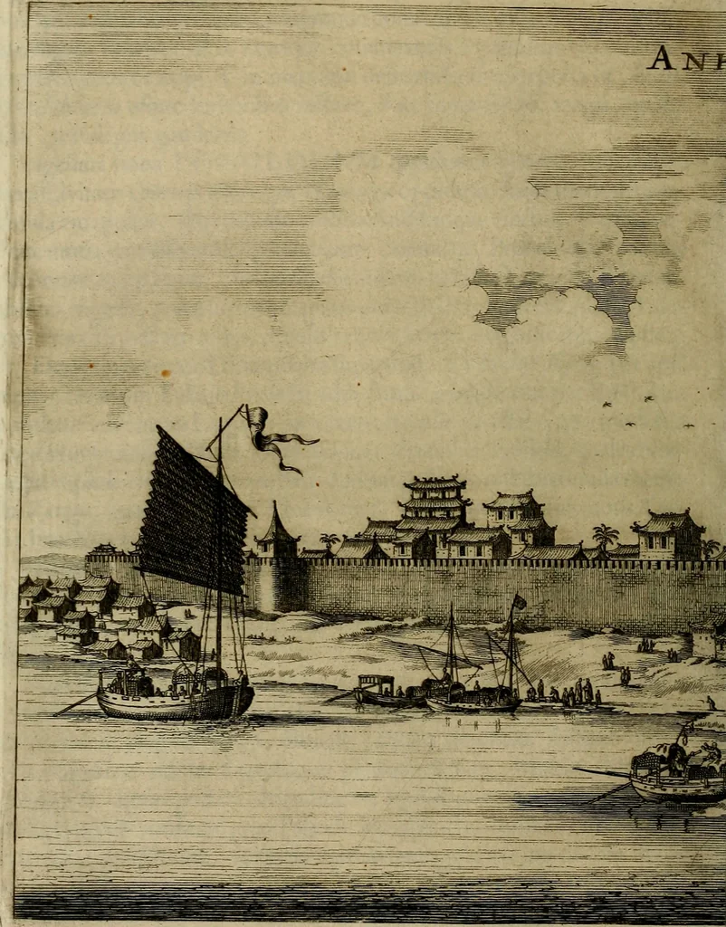 An illustration from Legatio Batavica ad magnum Tartariae chamum Sungteium, modernum Sinae imperatorem : historiarum narratione, quae legatis in provinciis Quantung, Kiangsi, Nanking, Xantung, Peking, & aula imperatoriâ ab anno 1655 ad annum 1657 obtigerunt, ut & ardua Sinensium in bello Tartarico fortunâ, provinciarum accurata geographia, urbium delineatione, nec non artis & naturae miraculis ex animalium, vegetabilium, mineralium genere per centum & quinquaginta aeneas figuras passim illustrata & conscripta vernacule, 1668, leaf 173