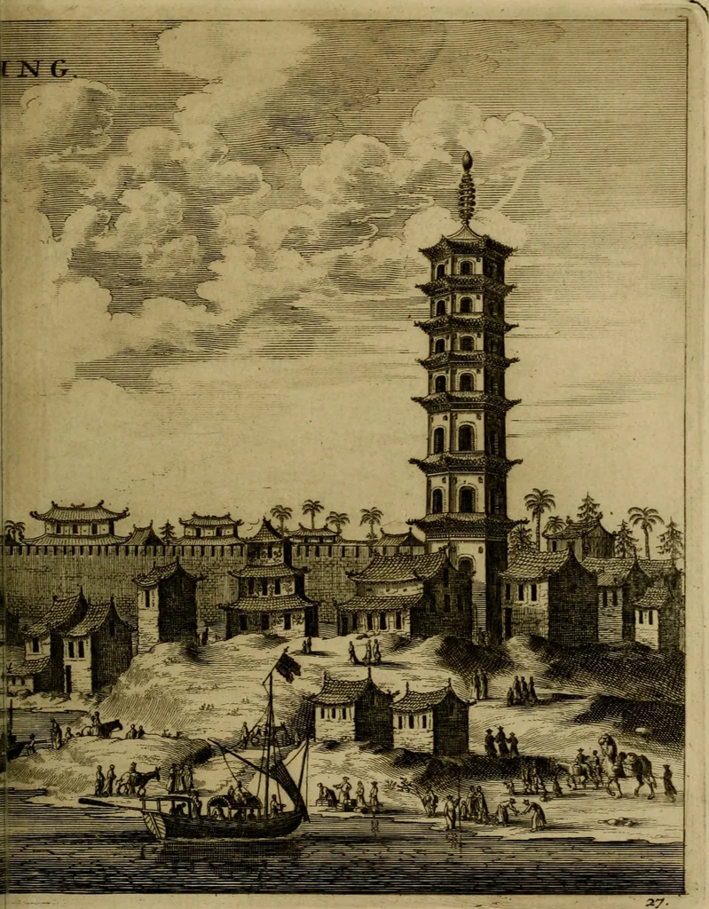 An illustration from Legatio Batavica ad magnum Tartariae chamum Sungteium, modernum Sinae imperatorem : historiarum narratione, quae legatis in provinciis Quantung, Kiangsi, Nanking, Xantung, Peking, & aula imperatoriâ ab anno 1655 ad annum 1657 obtigerunt, ut & ardua Sinensium in bello Tartarico fortunâ, provinciarum accurata geographia, urbium delineatione, nec non artis & naturae miraculis ex animalium, vegetabilium, mineralium genere per centum & quinquaginta aeneas figuras passim illustrata & conscripta vernacule, 1668, leaf 174