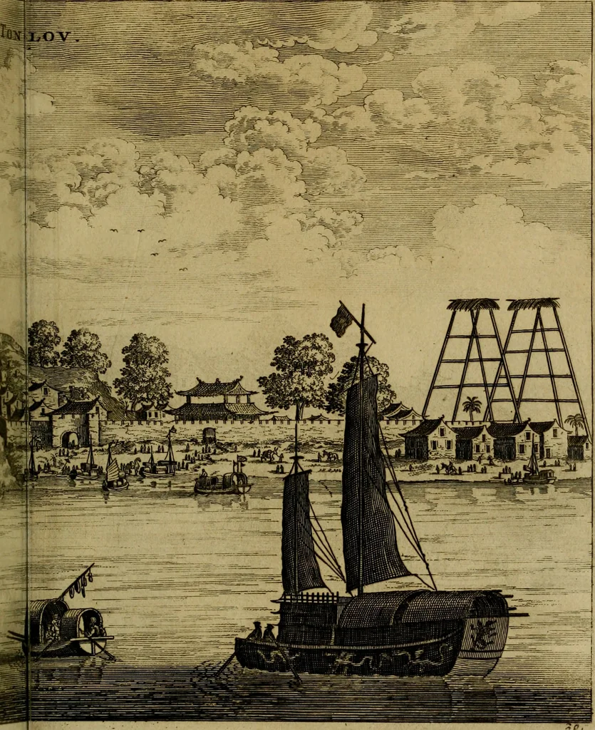 An illustration from Legatio Batavica ad magnum Tartariae chamum Sungteium, modernum Sinae imperatorem : historiarum narratione, quae legatis in provinciis Quantung, Kiangsi, Nanking, Xantung, Peking, & aula imperatoriâ ab anno 1655 ad annum 1657 obtigerunt, ut & ardua Sinensium in bello Tartarico fortunâ, provinciarum accurata geographia, urbium delineatione, nec non artis & naturae miraculis ex animalium, vegetabilium, mineralium genere per centum & quinquaginta aeneas figuras passim illustrata & conscripta vernacule, 1668, leaf 178