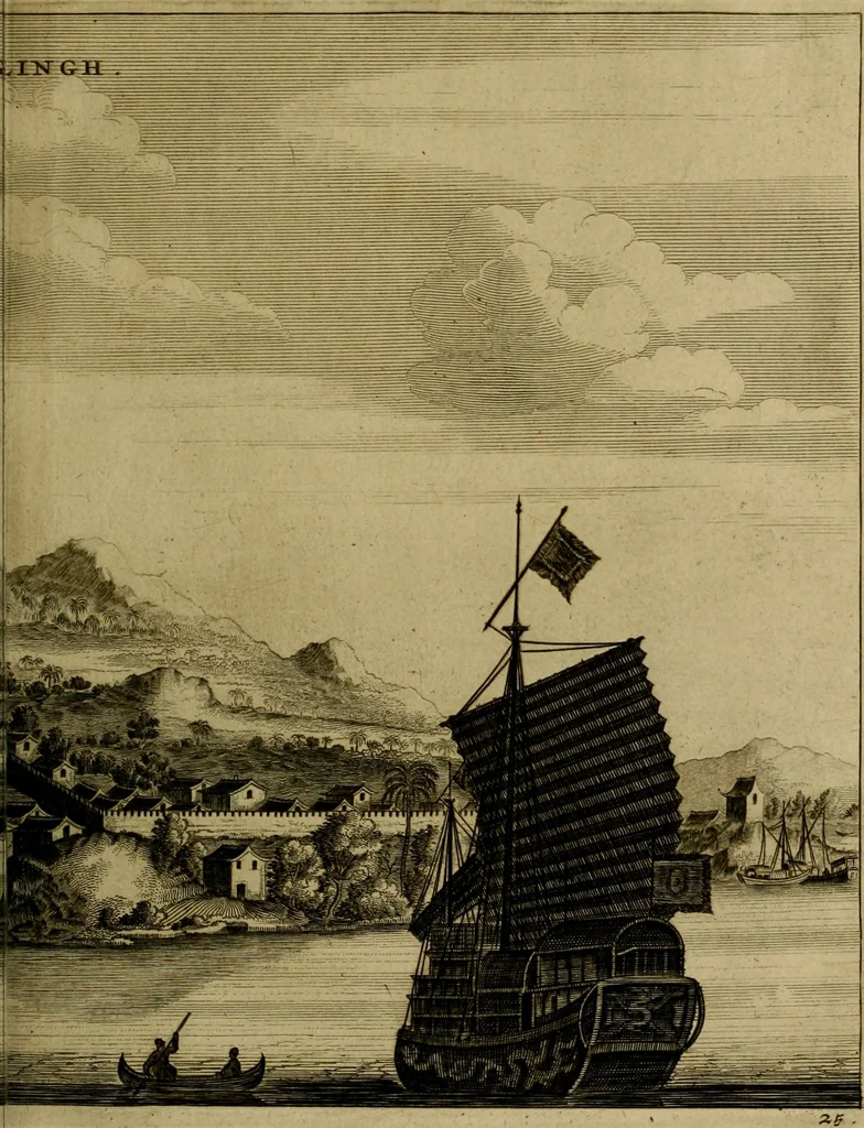 An illustration from Legatio Batavica ad magnum Tartariae chamum Sungteium, modernum Sinae imperatorem : historiarum narratione, quae legatis in provinciis Quantung, Kiangsi, Nanking, Xantung, Peking, & aula imperatoriâ ab anno 1655 ad annum 1657 obtigerunt, ut & ardua Sinensium in bello Tartarico fortunâ, provinciarum accurata geographia, urbium delineatione, nec non artis & naturae miraculis ex animalium, vegetabilium, mineralium genere per centum & quinquaginta aeneas figuras passim illustrata & conscripta vernacule, 1668, leaf 182