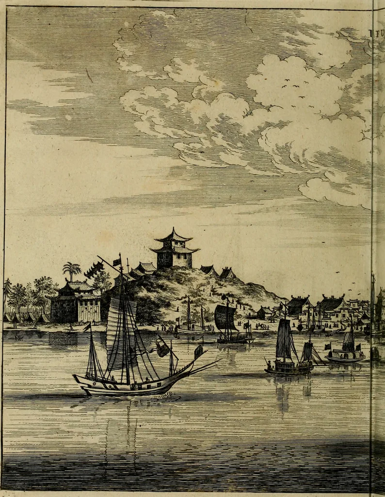 An illustration from Legatio Batavica ad magnum Tartariae chamum Sungteium, modernum Sinae imperatorem : historiarum narratione, quae legatis in provinciis Quantung, Kiangsi, Nanking, Xantung, Peking, & aula imperatoriâ ab anno 1655 ad annum 1657 obtigerunt, ut & ardua Sinensium in bello Tartarico fortunâ, provinciarum accurata geographia, urbium delineatione, nec non artis & naturae miraculis ex animalium, vegetabilium, mineralium genere per centum & quinquaginta aeneas figuras passim illustrata & conscripta vernacule, 1668, leaf 185
