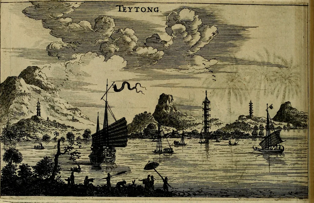An illustration from Legatio Batavica ad magnum Tartariae chamum Sungteium, modernum Sinae imperatorem : historiarum narratione, quae legatis in provinciis Quantung, Kiangsi, Nanking, Xantung, Peking, & aula imperatoriâ ab anno 1655 ad annum 1657 obtigerunt, ut & ardua Sinensium in bello Tartarico fortunâ, provinciarum accurata geographia, urbium delineatione, nec non artis & naturae miraculis ex animalium, vegetabilium, mineralium genere per centum & quinquaginta aeneas figuras passim illustrata & conscripta vernacule, 1668, leaf 189