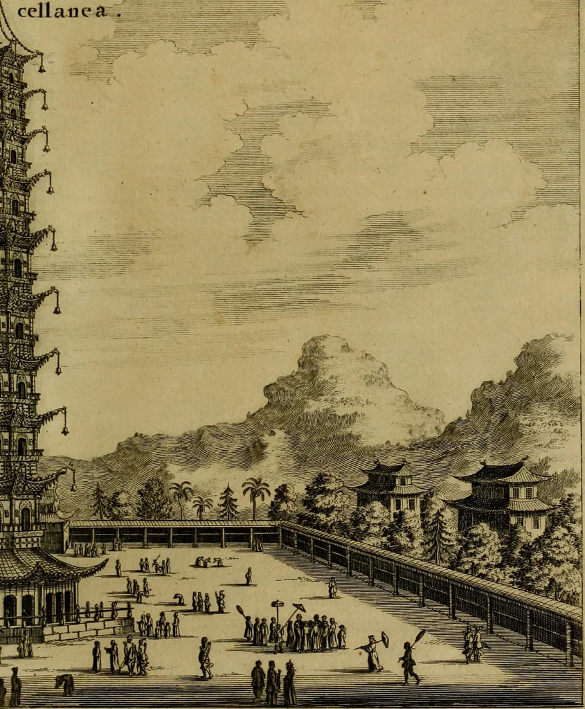 An illustration from Legatio Batavica ad magnum Tartariae chamum Sungteium, modernum Sinae imperatorem : historiarum narratione, quae legatis in provinciis Quantung, Kiangsi, Nanking, Xantung, Peking, & aula imperatoriâ ab anno 1655 ad annum 1657 obtigerunt, ut & ardua Sinensium in bello Tartarico fortunâ, provinciarum accurata geographia, urbium delineatione, nec non artis & naturae miraculis ex animalium, vegetabilium, mineralium genere per centum & quinquaginta aeneas figuras passim illustrata & conscripta vernacule, 1668, leaf 206