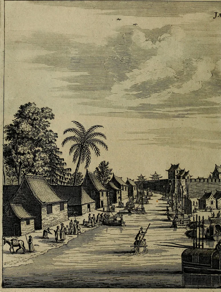 An illustration from Legatio Batavica ad magnum Tartariae chamum Sungteium, modernum Sinae imperatorem : historiarum narratione, quae legatis in provinciis Quantung, Kiangsi, Nanking, Xantung, Peking, & aula imperatoriâ ab anno 1655 ad annum 1657 obtigerunt, ut & ardua Sinensium in bello Tartarico fortunâ, provinciarum accurata geographia, urbium delineatione, nec non artis & naturae miraculis ex animalium, vegetabilium, mineralium genere per centum & quinquaginta aeneas figuras passim illustrata & conscripta vernacule, 1668, leaf 213