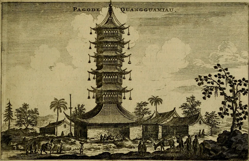 An illustration from Legatio Batavica ad magnum Tartariae chamum Sungteium, modernum Sinae imperatorem : historiarum narratione, quae legatis in provinciis Quantung, Kiangsi, Nanking, Xantung, Peking, & aula imperatoriâ ab anno 1655 ad annum 1657 obtigerunt, ut & ardua Sinensium in bello Tartarico fortunâ, provinciarum accurata geographia, urbium delineatione, nec non artis & naturae miraculis ex animalium, vegetabilium, mineralium genere per centum & quinquaginta aeneas figuras passim illustrata & conscripta vernacule, 1668, leaf 216