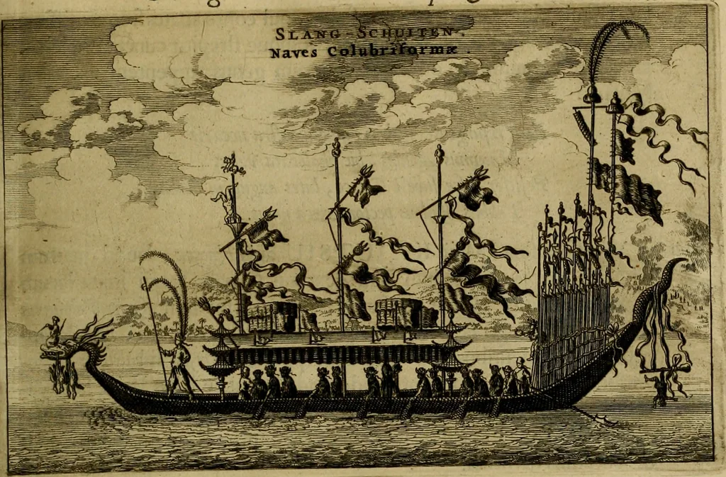An illustration from Legatio Batavica ad magnum Tartariae chamum Sungteium, modernum Sinae imperatorem : historiarum narratione, quae legatis in provinciis Quantung, Kiangsi, Nanking, Xantung, Peking, & aula imperatoriâ ab anno 1655 ad annum 1657 obtigerunt, ut & ardua Sinensium in bello Tartarico fortunâ, provinciarum accurata geographia, urbium delineatione, nec non artis & naturae miraculis ex animalium, vegetabilium, mineralium genere per centum & quinquaginta aeneas figuras passim illustrata & conscripta vernacule, 1668, leaf 218