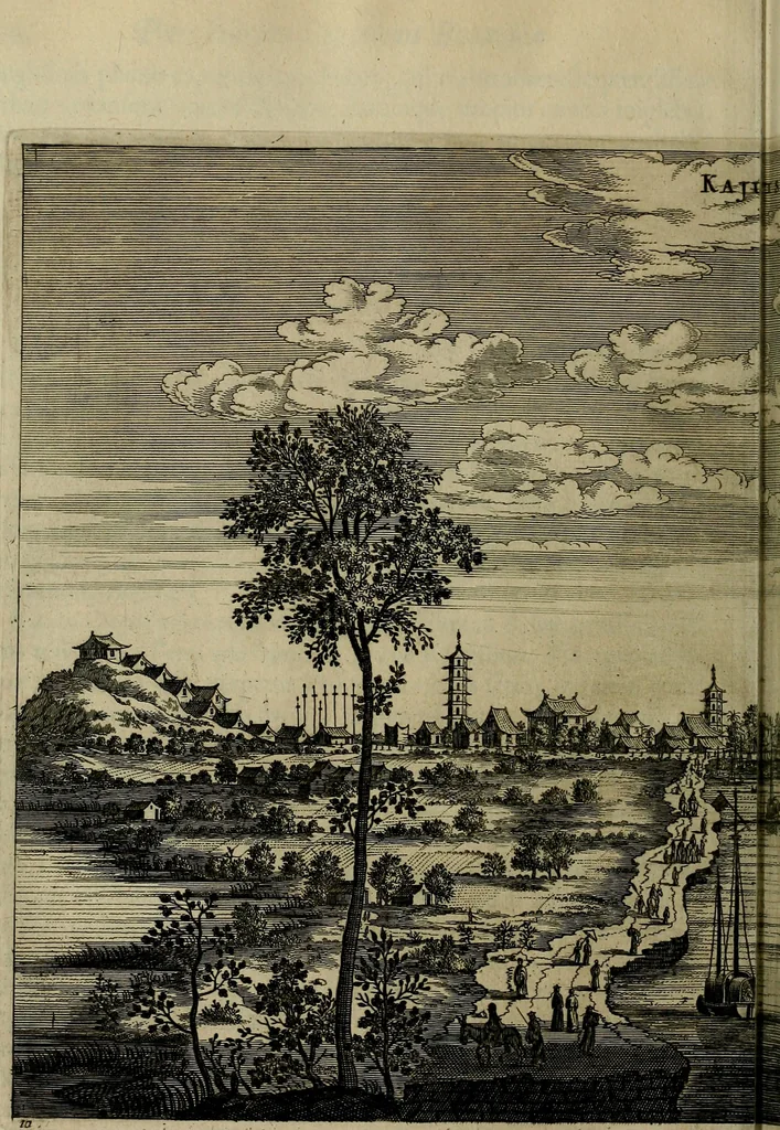 An illustration from Legatio Batavica ad magnum Tartariae chamum Sungteium, modernum Sinae imperatorem : historiarum narratione, quae legatis in provinciis Quantung, Kiangsi, Nanking, Xantung, Peking, & aula imperatoriâ ab anno 1655 ad annum 1657 obtigerunt, ut & ardua Sinensium in bello Tartarico fortunâ, provinciarum accurata geographia, urbium delineatione, nec non artis & naturae miraculis ex animalium, vegetabilium, mineralium genere per centum & quinquaginta aeneas figuras passim illustrata & conscripta vernacule, 1668, leaf 221