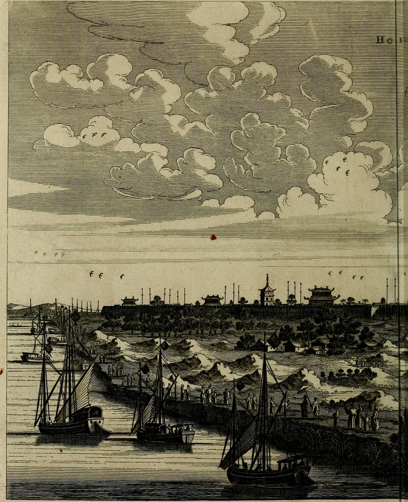 An illustration from Legatio Batavica ad magnum Tartariae chamum Sungteium, modernum Sinae imperatorem : historiarum narratione, quae legatis in provinciis Quantung, Kiangsi, Nanking, Xantung, Peking, & aula imperatoriâ ab anno 1655 ad annum 1657 obtigerunt, ut & ardua Sinensium in bello Tartarico fortunâ, provinciarum accurata geographia, urbium delineatione, nec non artis & naturae miraculis ex animalium, vegetabilium, mineralium genere per centum & quinquaginta aeneas figuras passim illustrata & conscripta vernacule, 1668, leaf 225