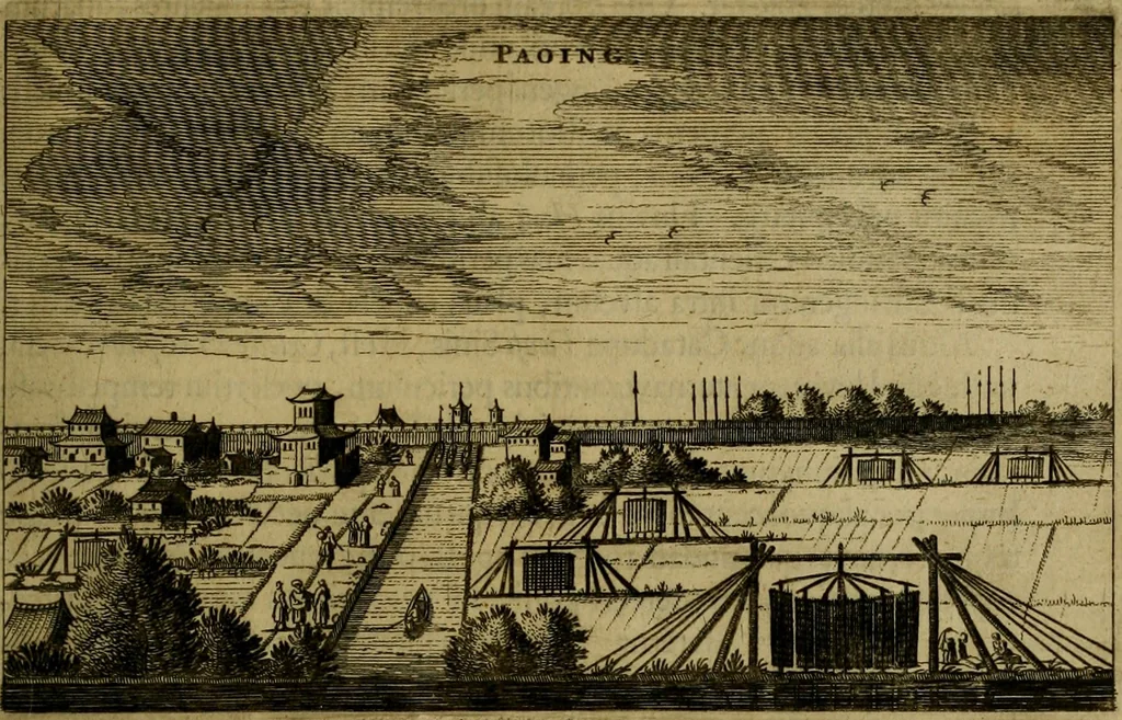 An illustration from Legatio Batavica ad magnum Tartariae chamum Sungteium, modernum Sinae imperatorem : historiarum narratione, quae legatis in provinciis Quantung, Kiangsi, Nanking, Xantung, Peking, & aula imperatoriâ ab anno 1655 ad annum 1657 obtigerunt, ut & ardua Sinensium in bello Tartarico fortunâ, provinciarum accurata geographia, urbium delineatione, nec non artis & naturae miraculis ex animalium, vegetabilium, mineralium genere per centum & quinquaginta aeneas figuras passim illustrata & conscripta vernacule, 1668, leaf 228