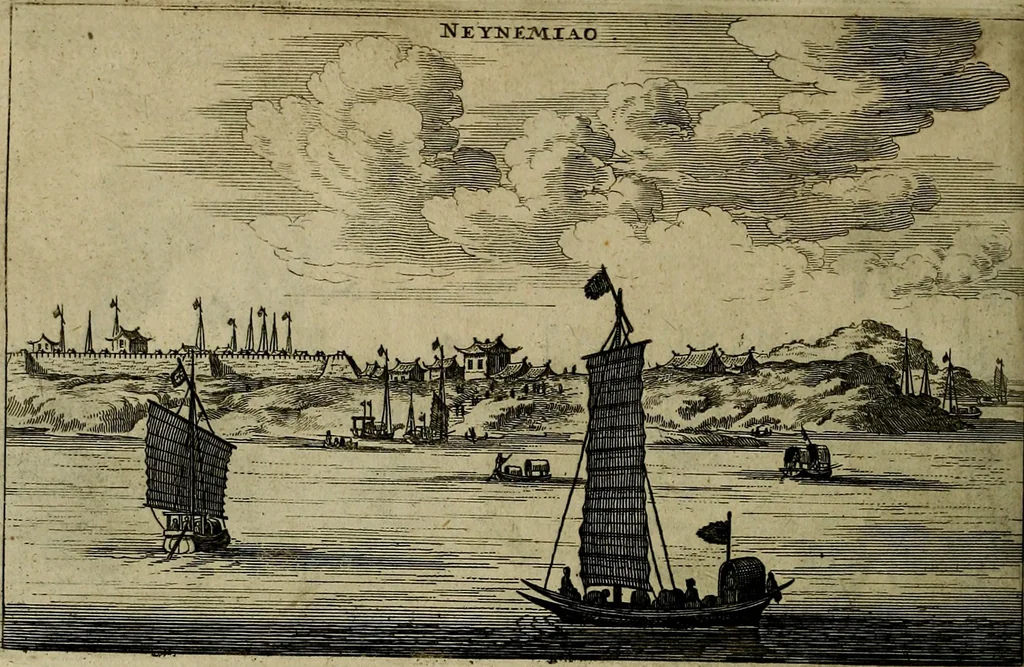 An illustration from Legatio Batavica ad magnum Tartariae chamum Sungteium, modernum Sinae imperatorem : historiarum narratione, quae legatis in provinciis Quantung, Kiangsi, Nanking, Xantung, Peking, & aula imperatoriâ ab anno 1655 ad annum 1657 obtigerunt, ut & ardua Sinensium in bello Tartarico fortunâ, provinciarum accurata geographia, urbium delineatione, nec non artis & naturae miraculis ex animalium, vegetabilium, mineralium genere per centum & quinquaginta aeneas figuras passim illustrata & conscripta vernacule, 1668, leaf 235