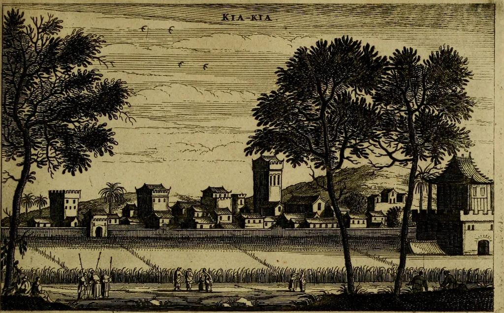 An illustration from Legatio Batavica ad magnum Tartariae chamum Sungteium, modernum Sinae imperatorem : historiarum narratione, quae legatis in provinciis Quantung, Kiangsi, Nanking, Xantung, Peking, & aula imperatoriâ ab anno 1655 ad annum 1657 obtigerunt, ut & ardua Sinensium in bello Tartarico fortunâ, provinciarum accurata geographia, urbium delineatione, nec non artis & naturae miraculis ex animalium, vegetabilium, mineralium genere per centum & quinquaginta aeneas figuras passim illustrata & conscripta vernacule, 1668, leaf 242