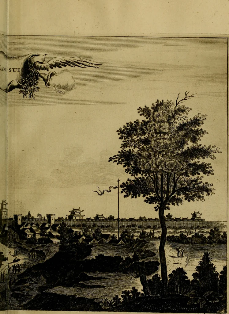 An illustration from Legatio Batavica ad magnum Tartariae chamum Sungteium, modernum Sinae imperatorem : historiarum narratione, quae legatis in provinciis Quantung, Kiangsi, Nanking, Xantung, Peking, & aula imperatoriâ ab anno 1655 ad annum 1657 obtigerunt, ut & ardua Sinensium in bello Tartarico fortunâ, provinciarum accurata geographia, urbium delineatione, nec non artis & naturae miraculis ex animalium, vegetabilium, mineralium genere per centum & quinquaginta aeneas figuras passim illustrata & conscripta vernacule, 1668, leaf 250