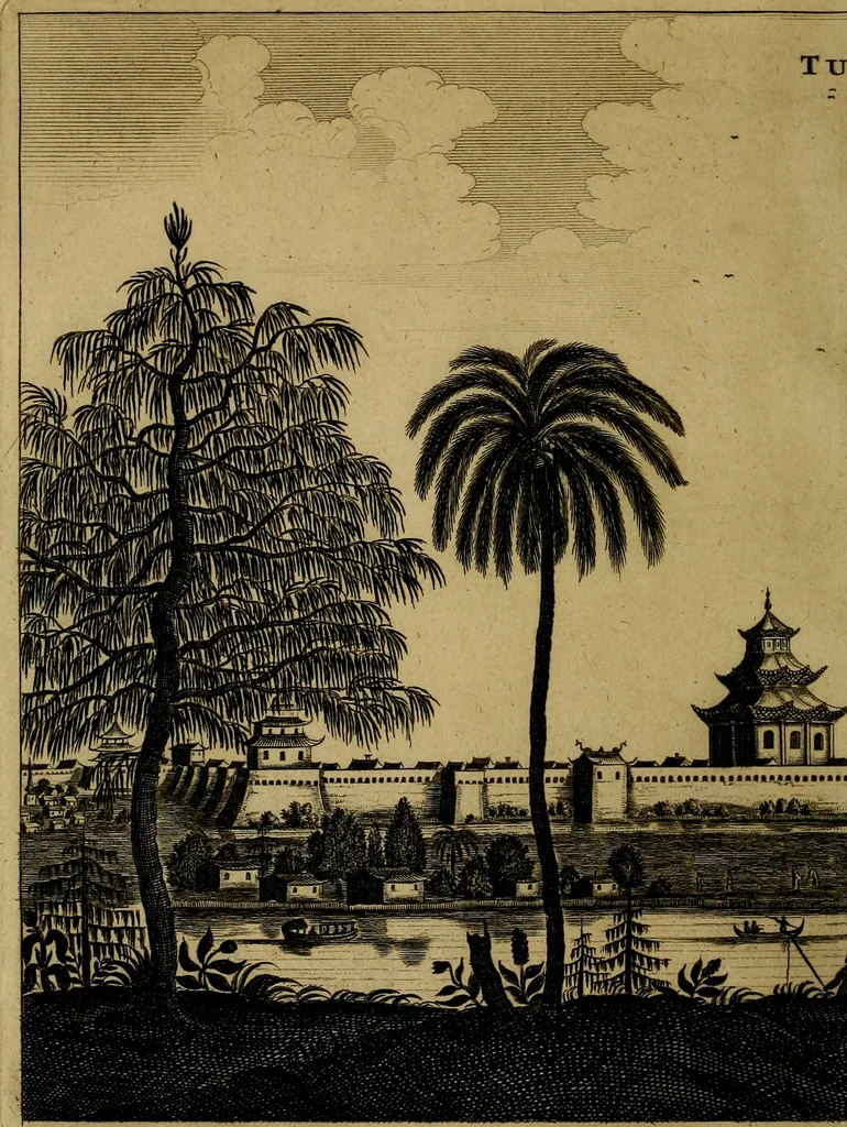 An illustration from Legatio Batavica ad magnum Tartariae chamum Sungteium, modernum Sinae imperatorem : historiarum narratione, quae legatis in provinciis Quantung, Kiangsi, Nanking, Xantung, Peking, & aula imperatoriâ ab anno 1655 ad annum 1657 obtigerunt, ut & ardua Sinensium in bello Tartarico fortunâ, provinciarum accurata geographia, urbium delineatione, nec non artis & naturae miraculis ex animalium, vegetabilium, mineralium genere per centum & quinquaginta aeneas figuras passim illustrata & conscripta vernacule, 1668, leaf 253
