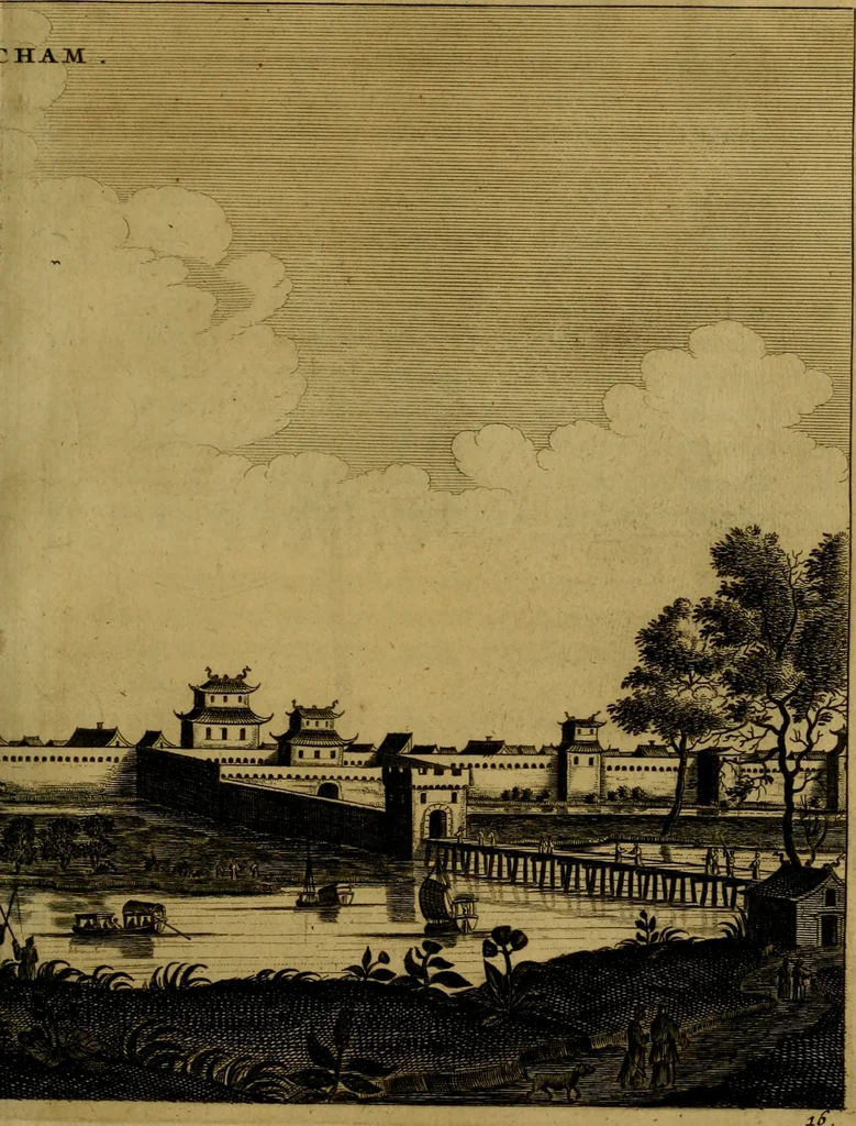 An illustration from Legatio Batavica ad magnum Tartariae chamum Sungteium, modernum Sinae imperatorem : historiarum narratione, quae legatis in provinciis Quantung, Kiangsi, Nanking, Xantung, Peking, & aula imperatoriâ ab anno 1655 ad annum 1657 obtigerunt, ut & ardua Sinensium in bello Tartarico fortunâ, provinciarum accurata geographia, urbium delineatione, nec non artis & naturae miraculis ex animalium, vegetabilium, mineralium genere per centum & quinquaginta aeneas figuras passim illustrata & conscripta vernacule, 1668, leaf 254