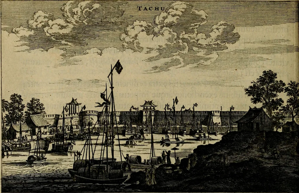 An illustration from Legatio Batavica ad magnum Tartariae chamum Sungteium, modernum Sinae imperatorem : historiarum narratione, quae legatis in provinciis Quantung, Kiangsi, Nanking, Xantung, Peking, & aula imperatoriâ ab anno 1655 ad annum 1657 obtigerunt, ut & ardua Sinensium in bello Tartarico fortunâ, provinciarum accurata geographia, urbium delineatione, nec non artis & naturae miraculis ex animalium, vegetabilium, mineralium genere per centum & quinquaginta aeneas figuras passim illustrata & conscripta vernacule, 1668, leaf 263