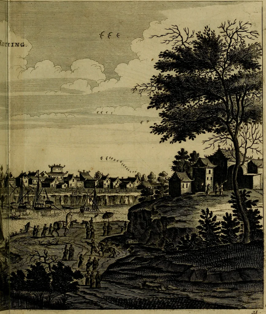 An illustration from Legatio Batavica ad magnum Tartariae chamum Sungteium, modernum Sinae imperatorem : historiarum narratione, quae legatis in provinciis Quantung, Kiangsi, Nanking, Xantung, Peking, & aula imperatoriâ ab anno 1655 ad annum 1657 obtigerunt, ut & ardua Sinensium in bello Tartarico fortunâ, provinciarum accurata geographia, urbium delineatione, nec non artis & naturae miraculis ex animalium, vegetabilium, mineralium genere per centum & quinquaginta aeneas figuras passim illustrata & conscripta vernacule, 1668, leaf 266
