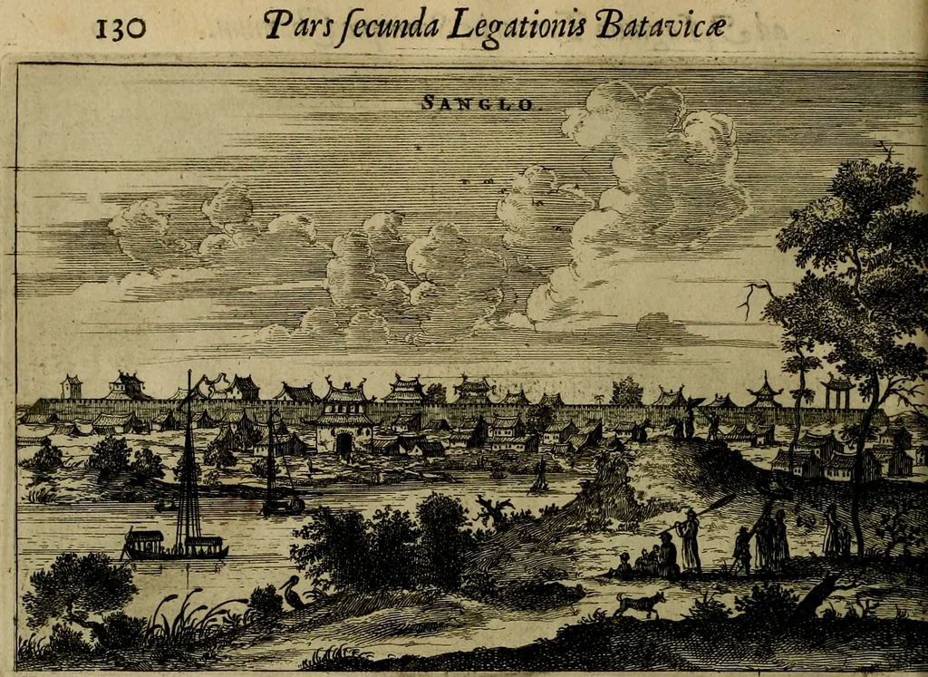 An illustration from Legatio Batavica ad magnum Tartariae chamum Sungteium, modernum Sinae imperatorem : historiarum narratione, quae legatis in provinciis Quantung, Kiangsi, Nanking, Xantung, Peking, & aula imperatoriâ ab anno 1655 ad annum 1657 obtigerunt, ut & ardua Sinensium in bello Tartarico fortunâ, provinciarum accurata geographia, urbium delineatione, nec non artis & naturae miraculis ex animalium, vegetabilium, mineralium genere per centum & quinquaginta aeneas figuras passim illustrata & conscripta vernacule, 1668, leaf 269