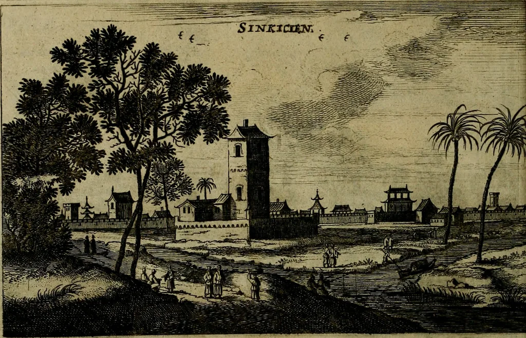 An illustration from Legatio Batavica ad magnum Tartariae chamum Sungteium, modernum Sinae imperatorem : historiarum narratione, quae legatis in provinciis Quantung, Kiangsi, Nanking, Xantung, Peking, & aula imperatoriâ ab anno 1655 ad annum 1657 obtigerunt, ut & ardua Sinensium in bello Tartarico fortunâ, provinciarum accurata geographia, urbium delineatione, nec non artis & naturae miraculis ex animalium, vegetabilium, mineralium genere per centum & quinquaginta aeneas figuras passim illustrata & conscripta vernacule, 1668, leaf 271