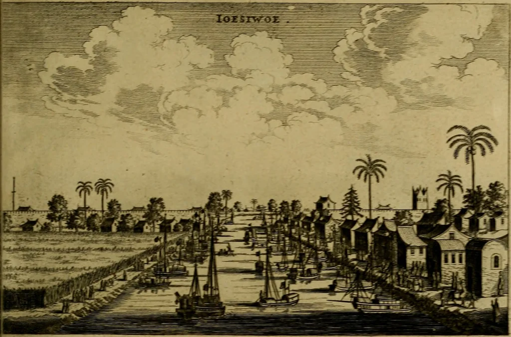 An illustration from Legatio Batavica ad magnum Tartariae chamum Sungteium, modernum Sinae imperatorem : historiarum narratione, quae legatis in provinciis Quantung, Kiangsi, Nanking, Xantung, Peking, & aula imperatoriâ ab anno 1655 ad annum 1657 obtigerunt, ut & ardua Sinensium in bello Tartarico fortunâ, provinciarum accurata geographia, urbium delineatione, nec non artis & naturae miraculis ex animalium, vegetabilium, mineralium genere per centum & quinquaginta aeneas figuras passim illustrata & conscripta vernacule, 1668, leaf 284